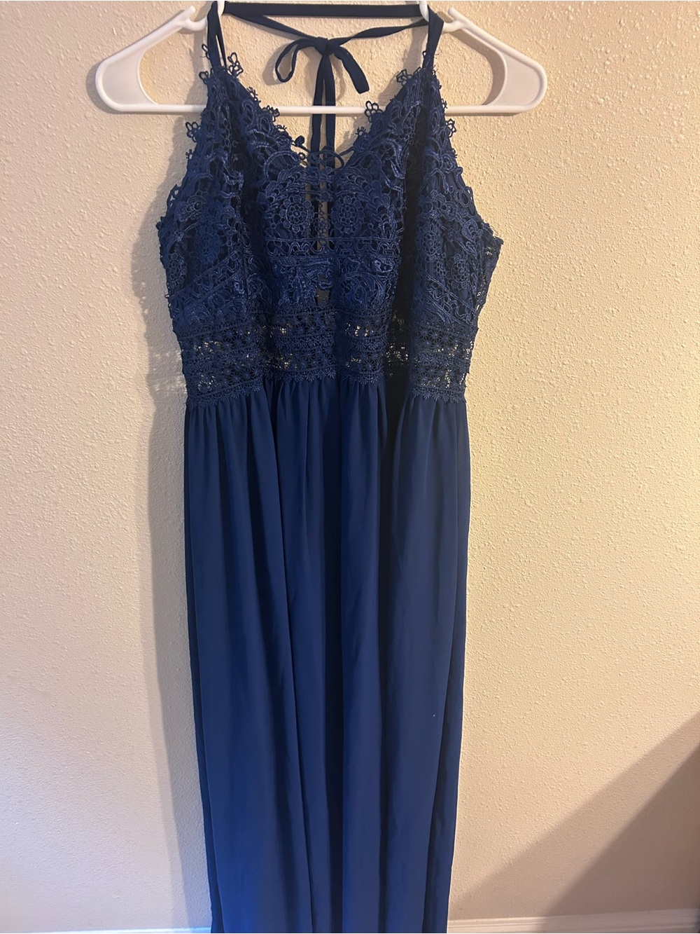 Soieblu Navy Blue Crochet Lace Halter Chiffon Maxi Dress Large